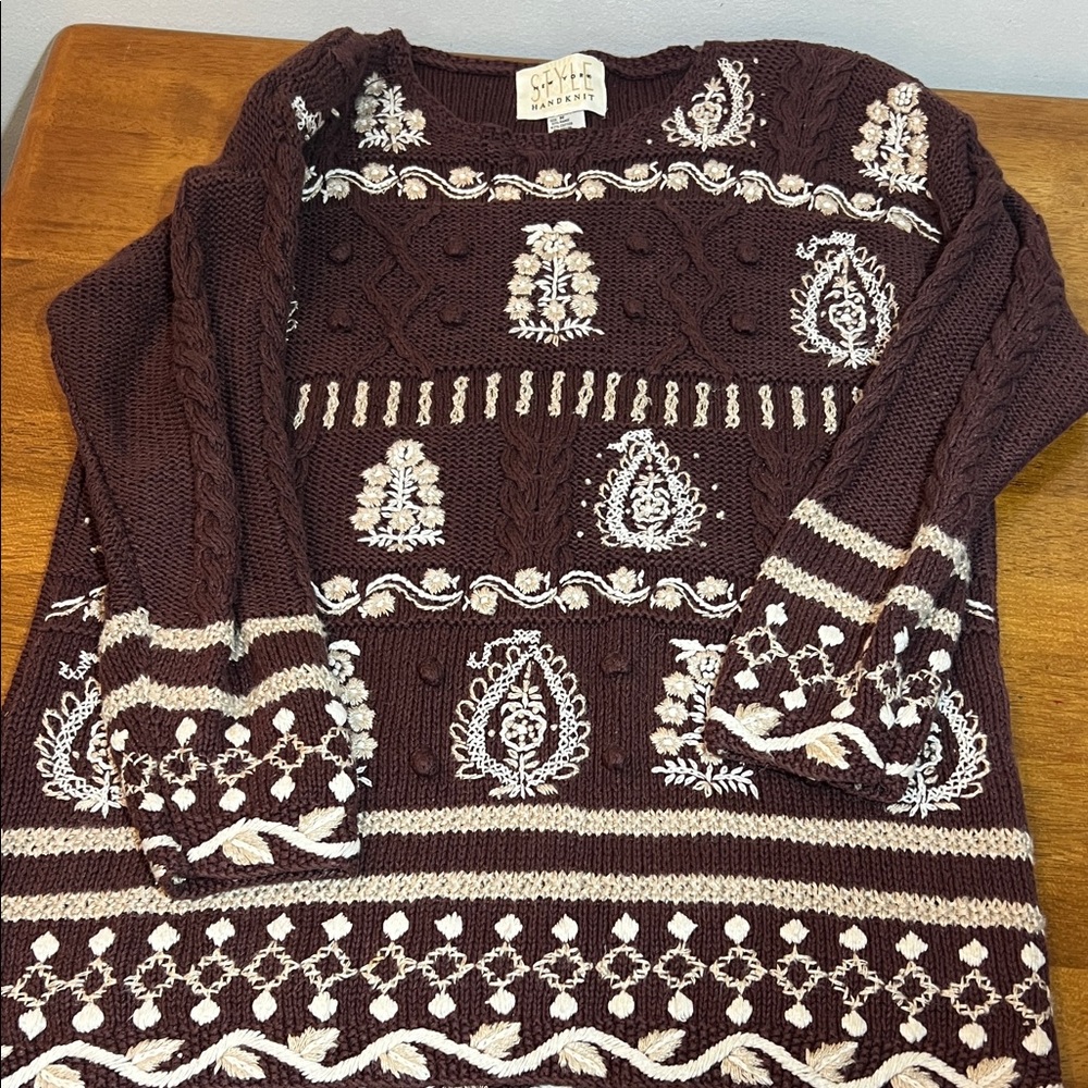 STYLE NEW YORK Women's Brown & Cream Embroidered Sweater Size MEDIUM handknit